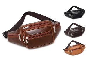 Men’s PU Leather Waist Bag Multi Zipper Crossbody Chest Bag Adjustable Belt for Travel Daily Use