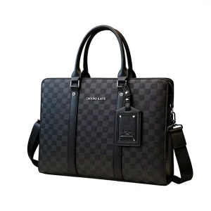 Men’s PU Leather Zipper Closure Plaid Design Durable Large Capacity Business Travel Crossbody Briefcase Style Shoulder Bag