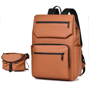 Men’s PU Waterproof Backpack for Commuting Business Travel Multi-Compartment Flap Design Casual Style Logo Printing