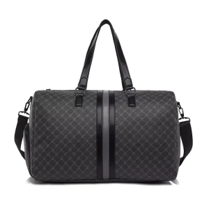 Men’s PVC Pu Leather Polyester Woven Style Travel Bag Printed Black Crossbody Handbag Portable Gym Bag Large Capacity Travel Bag