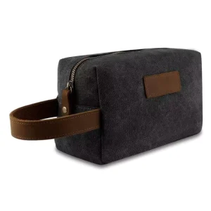 Men’s Portable Travel Toiletry Bag Canvas Leather Cosmetic Makeup Organizer Zipper Closure Dark Gray Dopp Case