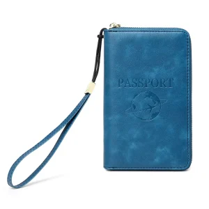 Men’s RFID Blocking Blue PU Leather Zipper Passport Wallet Airticket Card Holder Travel Document Wallets Certificate Bag