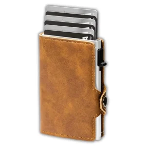 Men’s RFID Blocking Leather Aluminum Wallet with Button Closure for Credit Cards and ID Protection