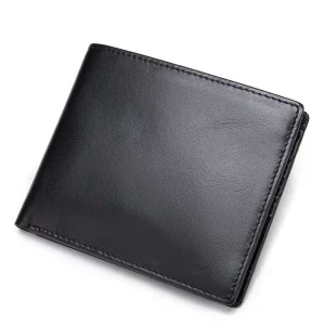 Men’s RFID Blocking Multi Card Holder Wallet Top Grain Soft Cow Leather Short Length with Open Closure Black Polyester Lining