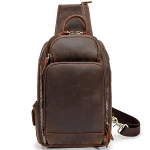 Men’s Real Leather Chest Bag Sling Crossbody Pack With a USB Port Retro Chest Bag