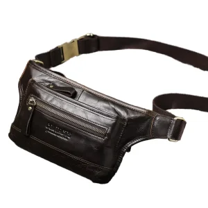 Men’s Real Leather Fanny Pack Metal Side Release Buckle Waterproof Zipper Closure Bum Bag for Outdoors Traveling