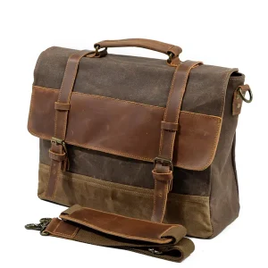Men’s Retro Business Briefcase Waterproof Oil Wax Canvas Cowhide Leather Satchel Crossbody Laptop Messenger Bag for Men