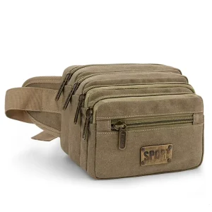 Men’s Retro Canvas Waist Bag Outdoor Portable Storage Bag with Large Capacity Multiple Pockets Mobile Phone Bag