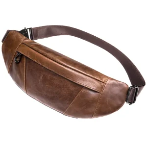 Men’s Retro Casual Waist Pack Genuine Cow Leather Chest Bag Zipper for Sports Outdoor Activities Phone Carrying Included