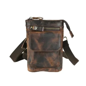Men’s Retro Crazy Horse Genuine Cow Leather Belt Bag Outdoor 7 Inch Phone Pocket Shoulder Sling Geometric Pattern Zipper