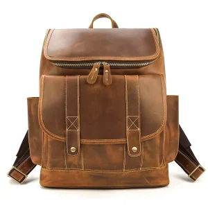 Men’s Retro Genuine Leather Laptop Bag Stylish Crazy Horse Leather Backpack School Bag for Sport Outdoor