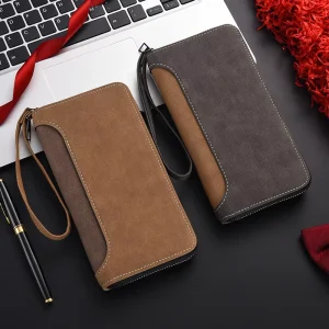 Men’s Retro Leather Wallet with Zipper, RFID, Multifunctional Coin Card Holder, Phone Bag, PU Lining, Matte Texture