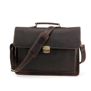 Men’s Retro Style Cowhide Crazy Horse Leather Crossbody Briefcase Bag Genuine Top Layer for Commuting and Business