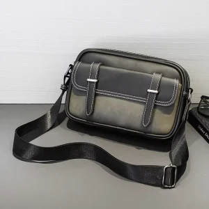 Men’s Retro Trendy Single Shoulder Bag PU Material Crossbody Outdoor Messenger Bag with Logo Decoration
