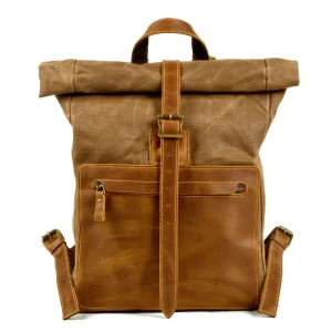 Men’s Retro Wax Canvas Backpack with Genuine Leather Simple Square School Bag Zipper Closure Cotton Lining Casual Style