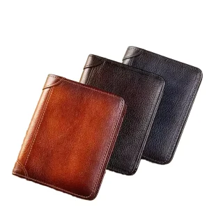 Men’s Short Multifunctional Vintage Card Holder Wallet, Thin, Genuine Leather, Money Bag