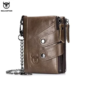 Men’s Short RFID Blocking Tri fold Leather Wallet with Anti Theft Chain Coin Purse Card Bag Genuine Leather Purse