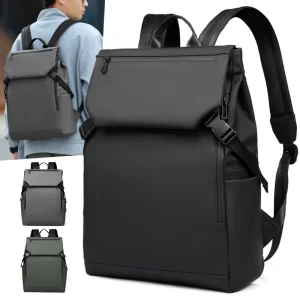 Men’s Simple Business College Style PU Laptop Backpack Durable Leisure Polyester School Bag Waterproof for Students