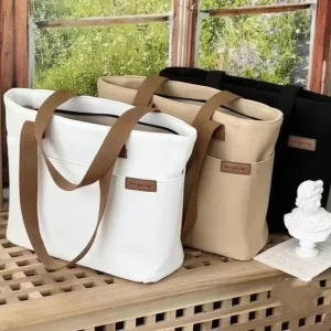 Men’s Simple Canvas Tote Bag Multi-Purpose Commute Casual Literary Student Shoulder Bag Zipper