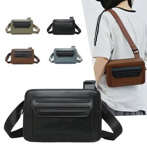Men’s Single-Shoulder Bag Zipper Closure Durable Waterproof PU Polyester Mobile Phone Bag Daily Use