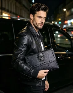 Men’s Skull Rivet Zipper PU Vintage Fashion Large Capacity Waterproof Logo Handbag with Nylon Lining