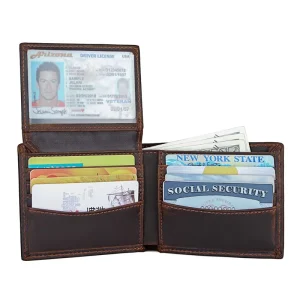 Men’s Slim Leather RFID Blocking Bifold Wallet, 10 Card Slots, 2 ID Windows, Front Pocket