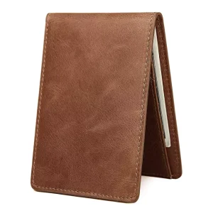 Men’s Slim Leather Wallet Small Billfold Front Pocket Wallet with RFID Blocking ID Window