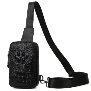 Men’s Sling Bag Pack Large Capacity Crocodile Pattern Genuine Cowhide Leather Chest Bag for Men