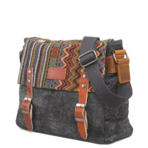 Men’s Small Square Cowhide Cross Body Bag Waterproof Canvas Zipper Closure Casual Shoulder Bag