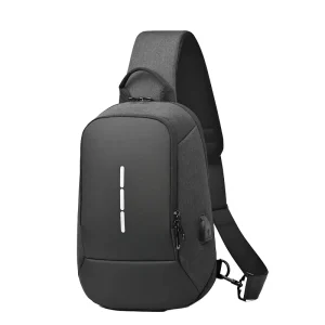 Men’s Solid Color Chest Bag USB Anti-Theft Waterproof Zipper Mini Crossbody Shoulder Bag for Sports Travel Polyester