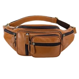 Men’s Sport Leather Waist Bag Black Composite Waterproof Anti Theft Design 6 Zipper Pockets Crossbody Phone