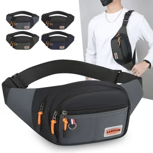 Men’s Sports Nylon Waist Bag Multi functional Outdoor Waterproof String Closure Casual Shoulder Crossbody Bag Business Bag