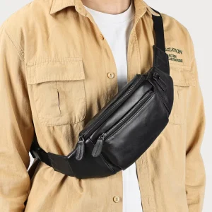 Men’s Sports Travel Leather Crossbody Sling Bag Leather Waist Bag Fanny Pack Genuine Leather Chest Bag for Men