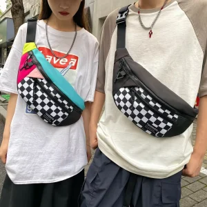 Men’s Student Waist Pack Fashionable Logo Pattern Polyester Crossbody Bag with Zipper Closure Waterproof Design