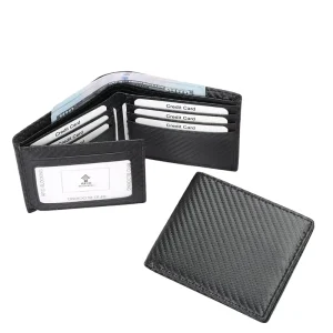 Mens Super Carbon Fiber Pattern Black Real Leather Purse RFID Blocking Credit Card Holder Wallets Genuine Leather Cash Bags