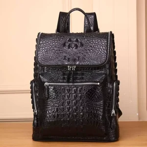 Men’s Superior Quality Leather Large Capacity Backpack Crocodile Style for Student Activities and Laptop Carrying for School