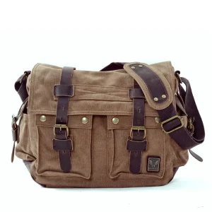 Men’s T2138 Vintage Messenger Bag Multi-Function Canvas Bag with Button Decoration