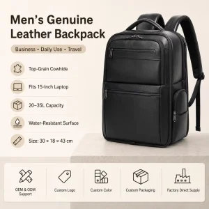 Men’s Top Grain Cowhide Leather Backpack 15 Inch Laptop Business Travel Bag Large Capacity Office Work Daypack OEM ODM