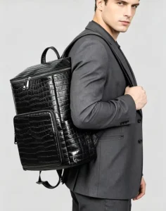 Men’s Top-grain Cowhide Genuine Leather Backpack Stylish Travel Computer Bag with Cotton Lining Black