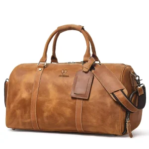 Men’s Travel Duffle Bag Crazy Horse Leather Large Capacity for 15” Laptop A4 Docs Suit Carry-on Overnight Luggage