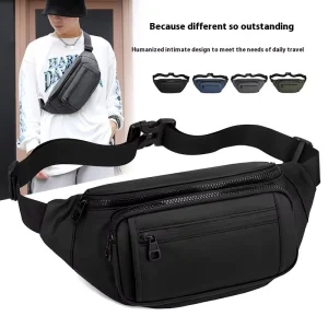 Men’s Trendy Brand Fashion Summer Crossbody Bag Waist and Chest Casual Satchel Waterproof Nylon Black with Zipper Closure