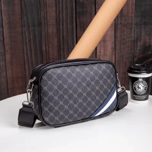 Men’s Trendy Small PVC Crossbody Bag Logo Decoration Fashion Style Business Casual Single Shoulder Bag with Geometric Pattern