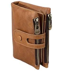 Men’s Trifold Style RFID Blocking Short Wallet Cowhide Leather Purse with ID Window Credit Card Holder