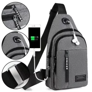 Men’s USB Charging Sling Bag PVC Lined for Travel Outdoors Sports Featuring Letter Pattern