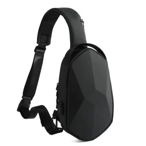 Men’s USB Chest Bag Carbon Fiber Geometry Hard EVA Waterproof Sling Cross Body Leisure Fashion Style Messenger