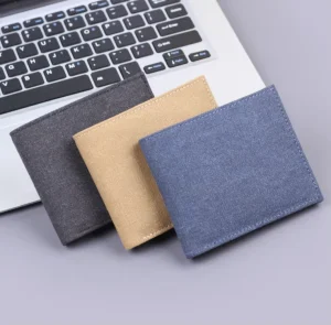 Men’s Ultra-Thin Classic Slim RFID Credit Card Holder, Canvas Coin Bag, Short Zipper Denim Leather Money Purse