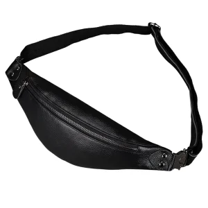 Men’s Unisex Black Genuine Leather Zipper Waterproof Simple Fashion Crazy Horse Crossbody Waist Bag Outdoor Multifunctional