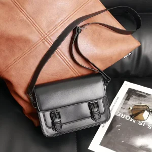Men’s Versatile Mailman Bag Casual Double Buckle Crossbody with Logo Flip Cover Contrasting Color Fashionable Shoulder Bag