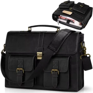 Men’s Vintage 15.6 Inch Laptop Briefcase PU Leather Waterproof Computer Satchel Zipper Large Office Work Travel Briefcase