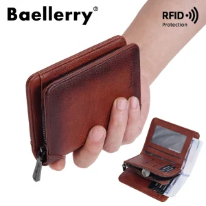 Men’s Vintage 3 Fold Slim Leather Wallet Business Style RFID Protected Card Bag Zipper Free Letter Coin Cash Purse